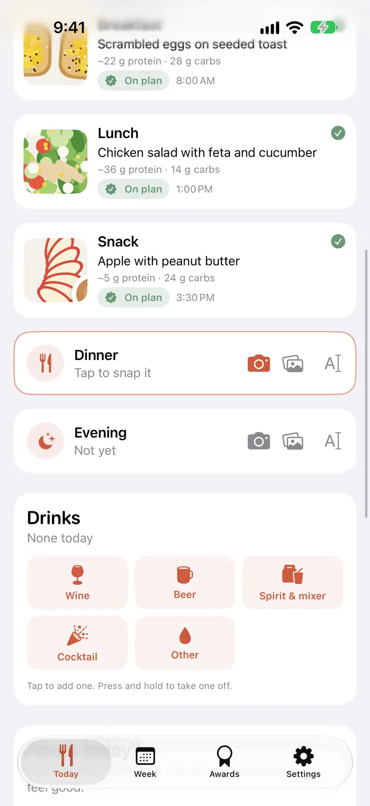 The Drinks card for counting wine, champagne, beer and cocktails
